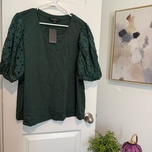 Eloquii Forest Green Puff-Sleeve Eyelet Top Size 22/24